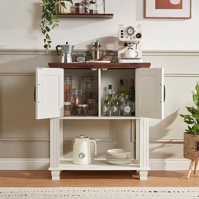 Farmhouse Coffee Bar Table with 2-Door Cabinet, Kitchen Storage Cabinets with Open Shelf, Coffee Station for Dining Room, Kitchen, Hallway, Living Room, White