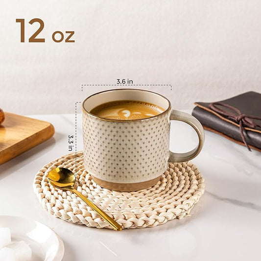 GBhome 12OZ Stackable Coffee Mugs Set of 6, Ceramic Coffee Mugs with Texture Patterns for Man,Woman,Dad,Mom, Modern Coffee Mugs Cups for Latte/Cappuccino/Cocoa. Dishwasher&Microwave Safe, Pale Khaki