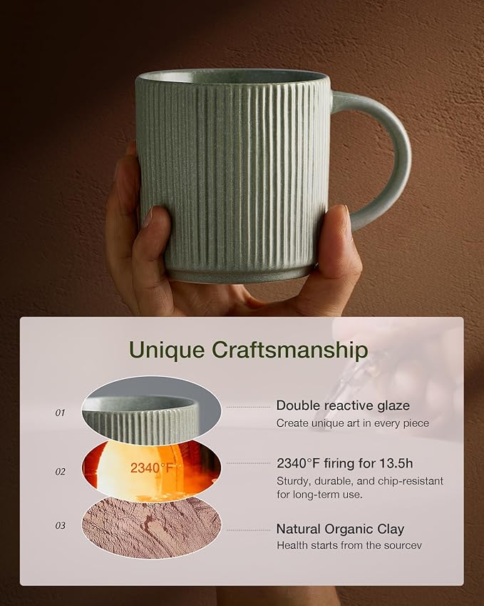 famiware Coffee Mug Set for 8, Star 12 oz Catering Mugs Cup Set with Handle for Coffee, Tea, Cocoa, Milk - Ceramic Stoneware Drinkware Set, Matte Green