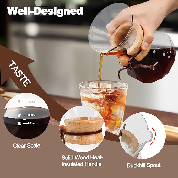 Pour Over Coffee Maker 400ml 13.5oz Glass Drip Coffee Maker with 304 Stainless Steel Filter High Borosilicate Glass Duckbill Spout Solid Wood Handle Pour Over Coffee Dripper for Daily Brewing