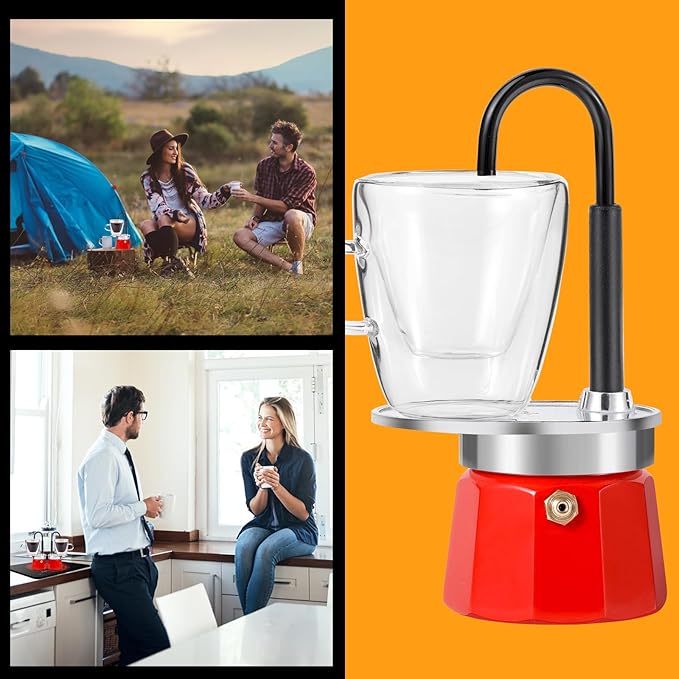 MVPLUE-Mini Express Swiss Single Tube Moka Pot Aluminum Red，Moka Set includes One Double Wall 3oz Cup,Enjoy delicious coffee in no time