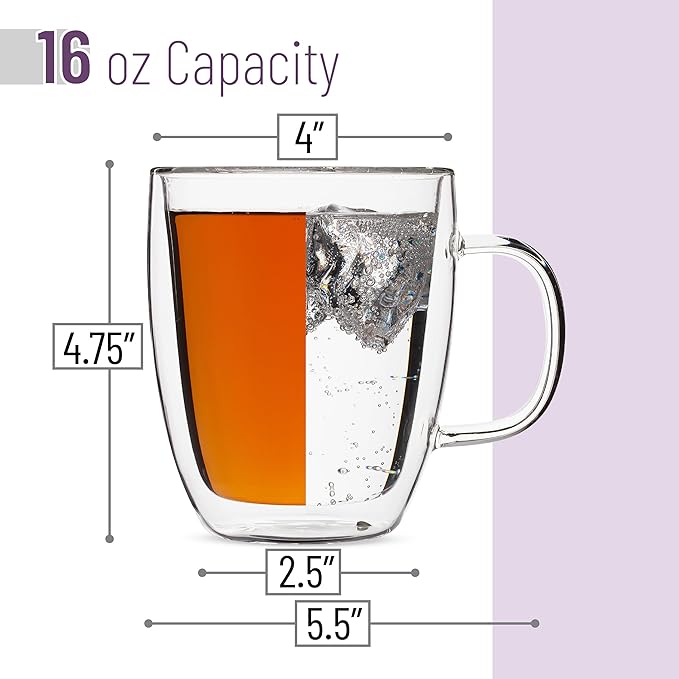 BTaT- Double Walled Glass Coffee Mugs, 16 oz, Set of 6, Glass Coffee Cups with Handle, Insulated Clear Coffee Mug for Hot and Cold Beverages, Cappuccino, Latte, Tea, Americano, Microwave Safe