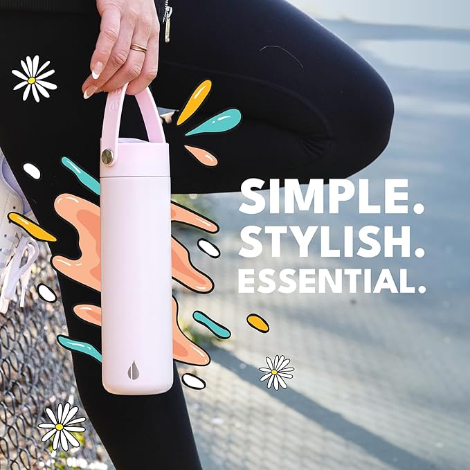 Elemental 24oz Insulated Water Bottle with Straw - 100% Leak-Proof Stainless Steel Core Water Bottles for Travel, Sports and Gym - Double Wall Insulation & BPA Free - Blush Pink