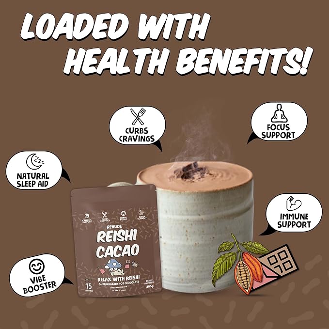 Renude Reishi Cacao Powder - Mushroom Hot Chocolate Drink, Mushroom Coffee Alternative, Hot Cacao Mix with Reishi, Sleep Support, Organic Ingredients - 15 Servings