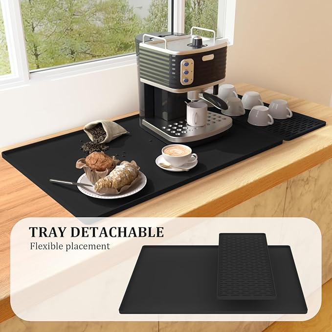 Silicone Coffee Mat - 24" x 16" Removable Bar Mat, Waterproof Leak-Proof Dish Drying Pad, Fits Under Coffee Makers and Espresso Machines to Keep Surfaces Clean, Black