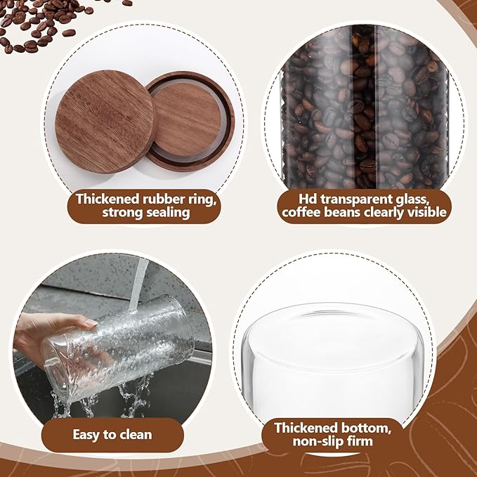 Suclain Glass Coffee Grounds Container with Shelf 2 x 44 oz Glass Coffee Bean Storage Canisters with Airtight Thread Lid and Measuring Spoon Food Storage Jars for Kitchen Sugar(Clear Style)