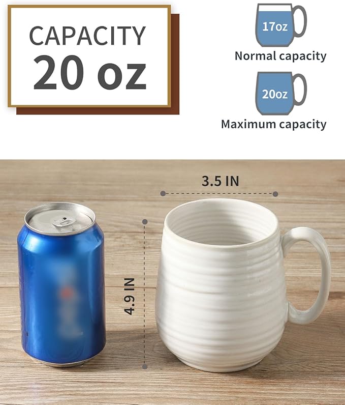 Hasense Coffee Mugs Set, 20 oz Large Coffee Cups with Handles, Ceramic Latte Cup for Tea, Cocoa, Oat Milk, Classic Soup Mug for Women and Men Gift, 2 Pcs, Clay-Infused White