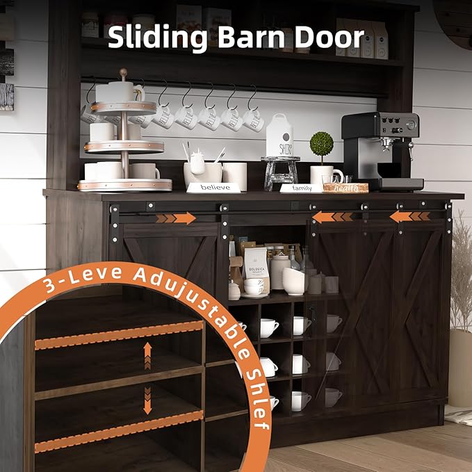 4ever2buy Farmhouse Coffee Bar Cabinet with Storage Hutch, 55“ Wine Bar with 12 Wine Racks and 8 Hooks, Coffee Station with 4 Open Shelves and Sliding Barn Doors for Kitchen, Dining Room, Dark Oak