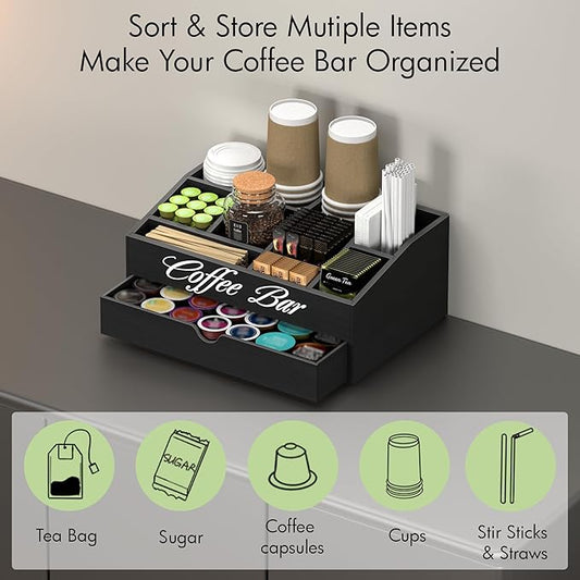 Suli Coffee Bar Station Organizer,Extra Large Wooden Countertop Pods Holder with Drawer,Storage for Condiment Syrup Tea Cups,Rustic Bar Decor for Accessories Organizer (2 Tiers 11 Compartments)-Black