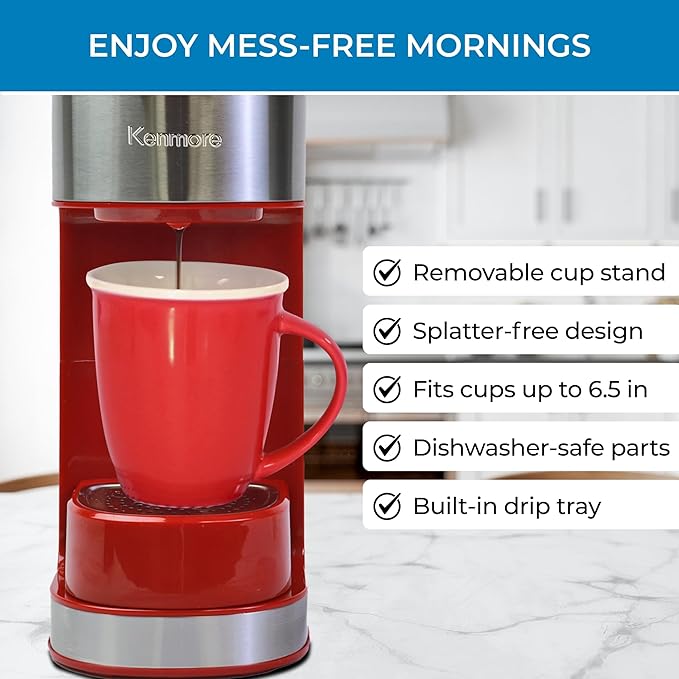 Kenmore Single Serve Coffee Maker – Compatible with Keurig K‑Cup Pods & Ground Coffee, One Cup Brewer, 6–14 Oz Brew Sizes, Travel Mug Friendly, Auto Shut‑Off, Hot & Iced Maquina de cafe, Red