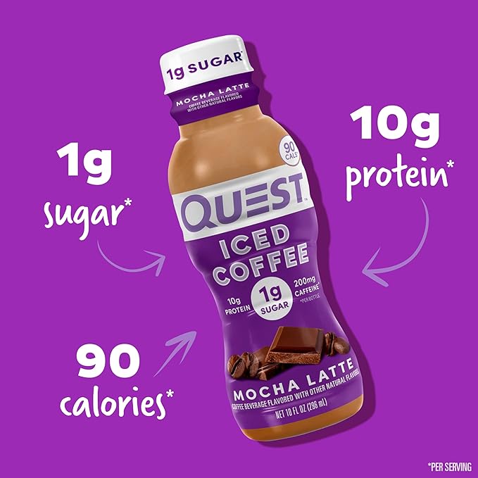 Quest Nutrition Iced Coffee, Mocha Latte, 1g of Sugar, 10g of Protein, 90 calories, 200mg of caffeine, 4 Count
