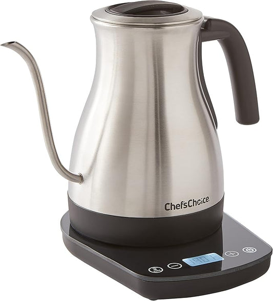 Chef'sChoice Electric Kettle Gooseneck Style Perfect for Pour-Overs Stainless Steel Construction 1200 Watts with Auto-Shutoff & Boil-Dry Protection, 1-Quart, Silver
