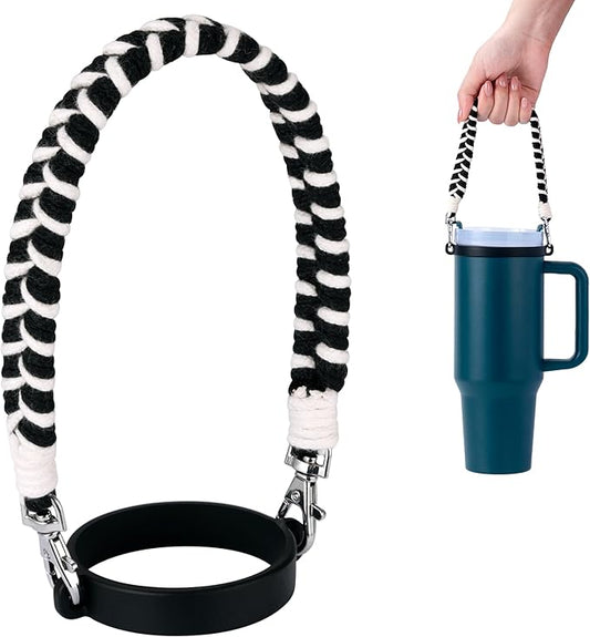 Water Bottle Handle, Hand-Woven Lanyards Silicone Water Bottle Sling, Carrier, Holder with Strap Compatible 8-40oz Stanley Cup Hydroflask Bottle Accessories-Black