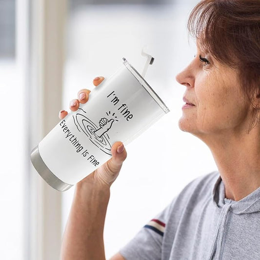 Funny 20oz Travel Coffee Mug Tumbler, I'm Fine Everything Is Fine Funny Humorous Stainless Steel Tumbler with Lid and Straw
