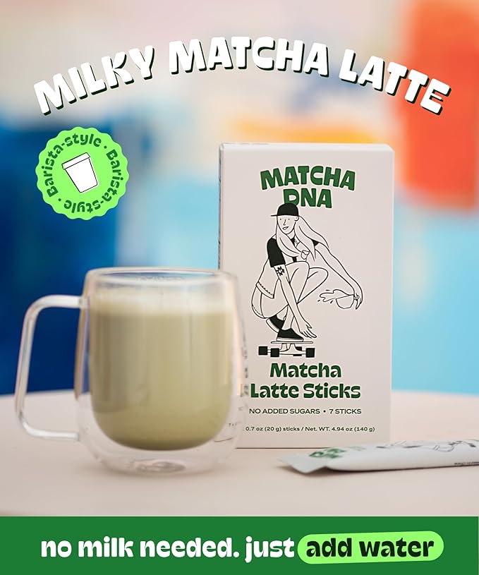 MatchaDNA Coconut Matcha Latte Powder Sticks 7 Pack (20g Each) – Sweetened with Milk, No Sugar Added – Instant Matcha Latte Mix Packets – Organic Macha Tea Powder for Hot or Iced Drinks, Smooth Energy