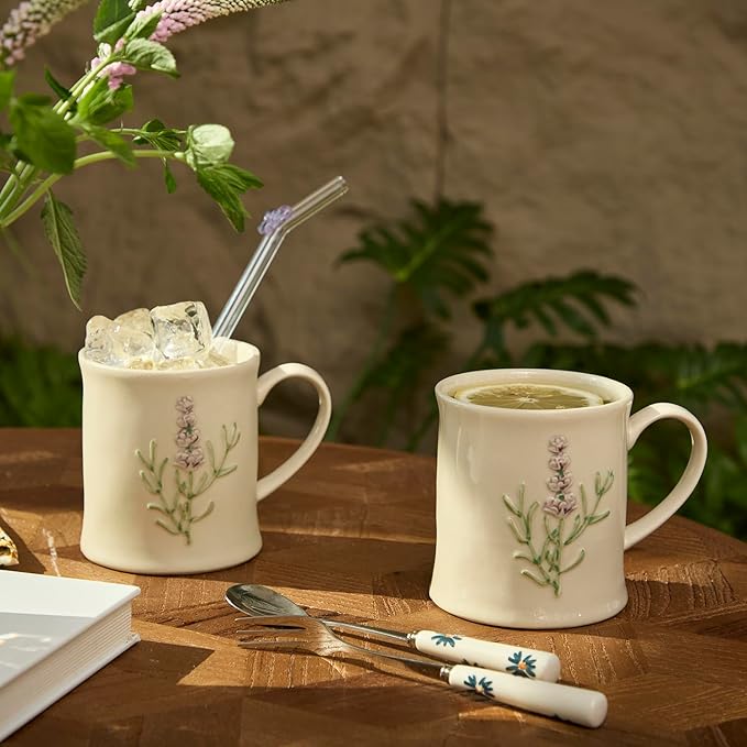 Artisanal Handcrafted Ceramic Mug with Sage Botanical Design - 10oz Off-White Stoneware Coffee Cup, Elegant Purple Sage Pattern, Dishwasher Safe, Comfort Grip Handle for Daily Use-2pack