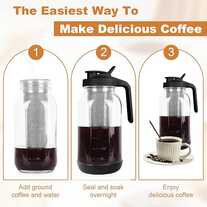 Cold Brew Coffee Maker, 64oz Mason Jar Pitcher with Stainless Steel Filter, Sealed, Leak-Proof Lid with Pour Spout & Handle, Heavy Duty Glass Iced Coffee Tea Brewer with Non-Slip Silicone Base-Black