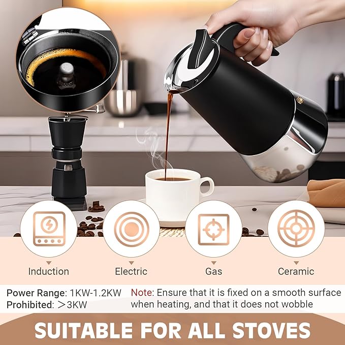 Suiitat Moka Pot, 9 Cups (15.9 oz) Stovetop Espresso Maker, 304 Stainless Steel Moka Pot, Induction Compatible, Black