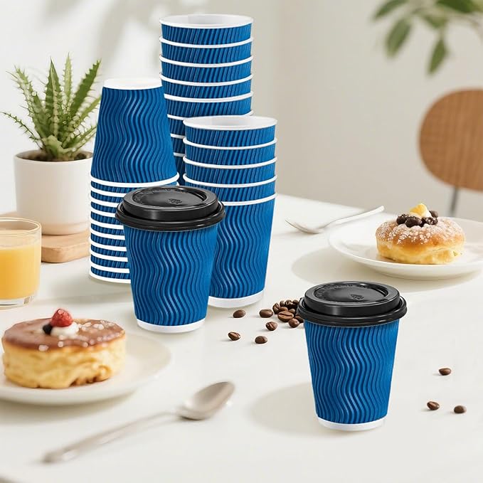 Clawsoff 100 Pack Coffee Cups with Lids 10 oz, Disposable Insulated Ripple Wall To Go Paper Coffee Cups for Hot/Cold Drinks Office Home Shop Event (Navy)