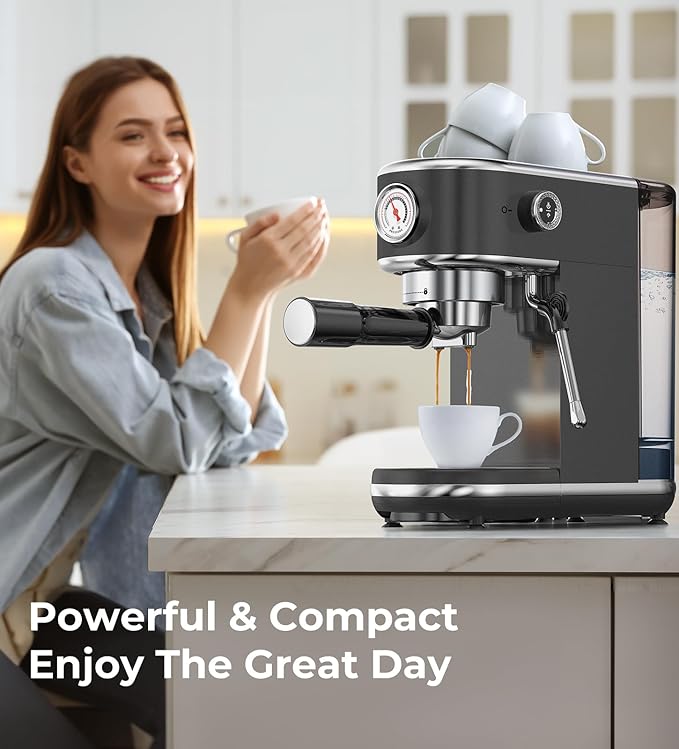 20 Bar Espresso Machine with Milk Frother, Compact Espresso Maker, Stainless Steel Coffee Machine with Precise Temp Control & 44oz Removable Water Tank for Latte, Cappuccino, Dark Grey
