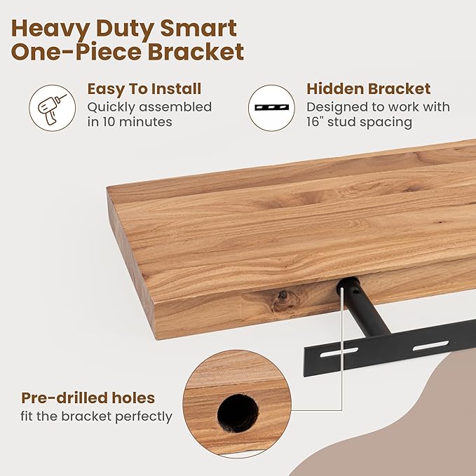 Floating Shelves for Wall Decor, 8" Deep Rustic Solid Elm Wood Floating Shelves Wall Mounted, Wall Shelves with Invisible Bracket for Living Room Bathroom Bedroom Kitchen, 30 Inch Set of 2, Natural