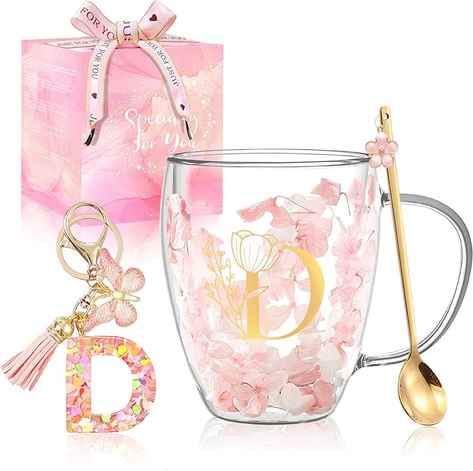 Friendship Gifts for Women Flower Glass Coffee Mug Cute Initial Tea cup Monogrammed Customized Bridesmaid Bride Wedding Gifts Valentine Mother's Day Christmas Gift for Her Mom Wife Sister Coworker (D)