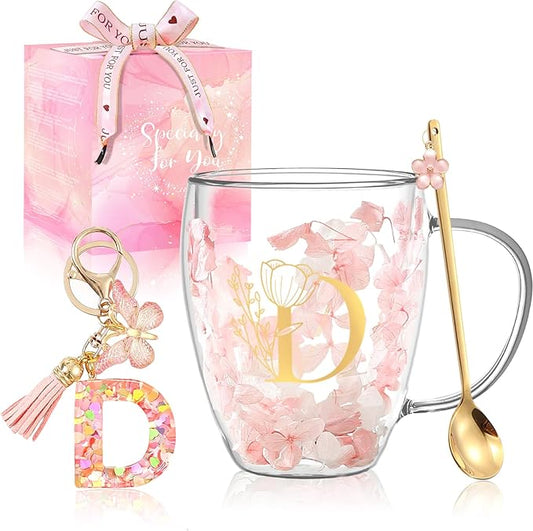 Friendship Gifts for Women Flower Glass Coffee Mug Cute Initial Tea cup Monogrammed Customized Bridesmaid Bride Wedding Gifts Valentine Mother's Day Christmas Gift for Her Mom Wife Sister Coworker (D)