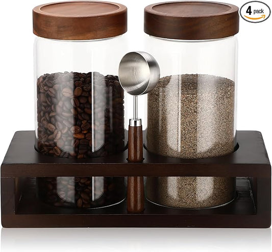 Suclain Glass Coffee Grounds Container with Shelf 2 x 44 oz Glass Coffee Bean Storage Canisters with Airtight Thread Lid and Measuring Spoon Food Storage Jars for Kitchen Sugar(Plain Style)