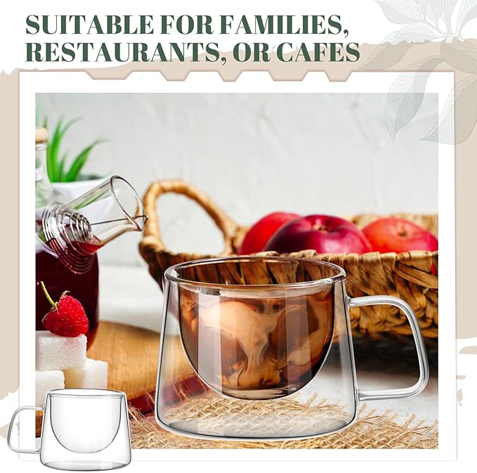 Rtteri 6 Pcs 6.7 oz Double Wall Glass Coffee Mugs Espresso Mugs with Square Handle Glass Cappuccino Cups Tea Clear Coffee Insulated Cups Gift Set for Latte Tea Bag Beverage Cafe Kitchen