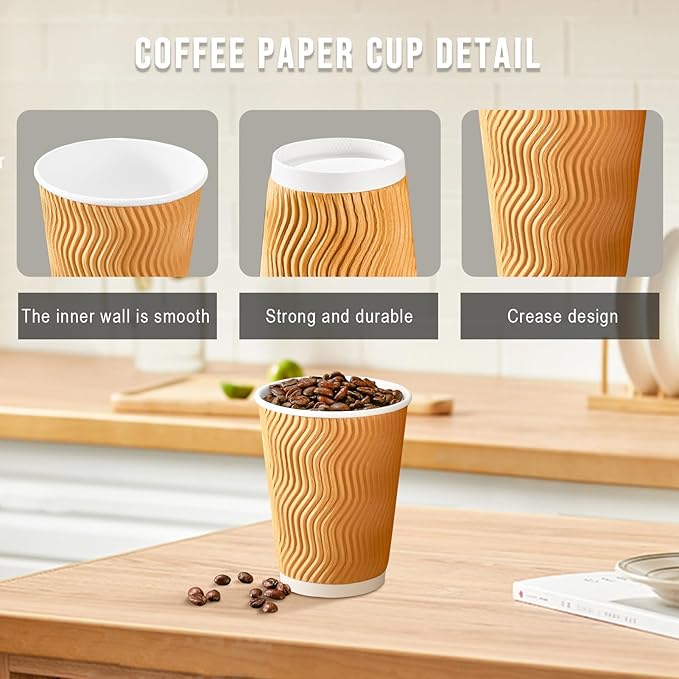 BYSNOW 100 Pack 12 oz Disposable Paper Coffee Cups, Leak Proof Insulated Ripple Wall Hot Cups for Espresso, Coffee, Tea, Hot Chocolate, To Go Drinks (Home, Office, Cafe Bar)