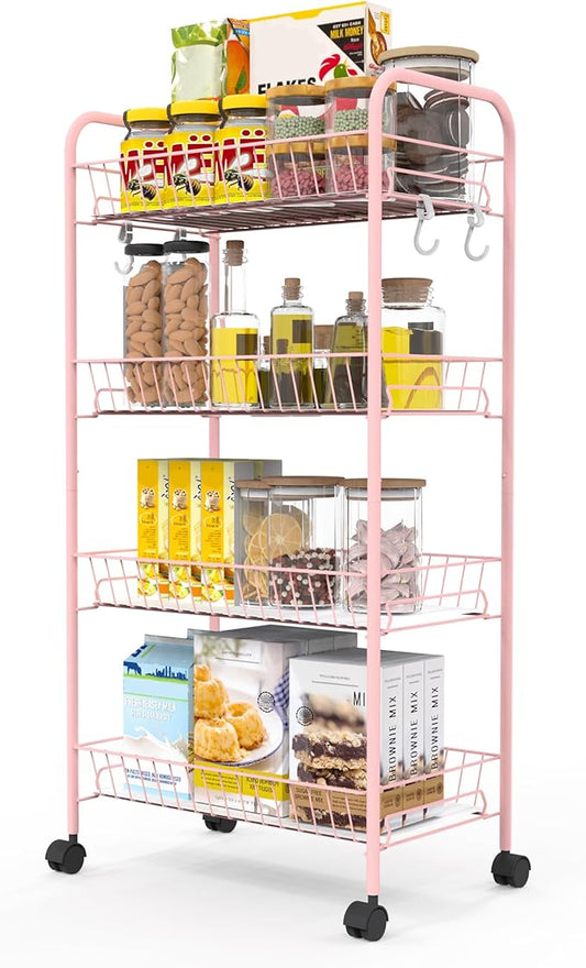 PLKOW 4-Tier Metal Rolling Utility Cart, Multi-Functional Storage Cart for Office, Living Room, Kitchen, Bathroom, Lightweight Organizer Cart with Wheels, Pink