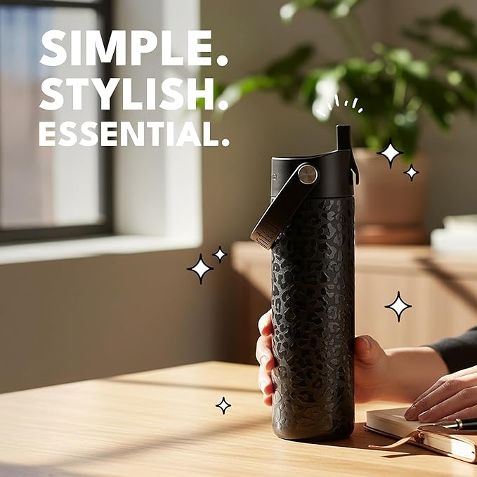 Elemental 24oz Insulated Water Bottle with Straw - 100% Leak-Proof Stainless Steel Core Water Bottles for Travel, Sports and Gym - Double Wall Insulation & BPA Free - Black Leopard