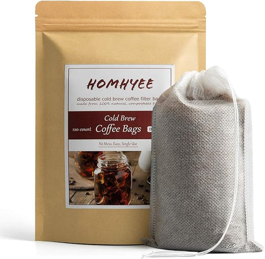 HOMYHEE No Mess Cold Brew Coffee Filters - 120 Count Disposable Fine Mesh Brewing Bags for Concentrate/Iced Coffee Maker, French/Cold Press Kit, Hot Tea in Mason Jar or Pitcher, 4 x 6 Inches