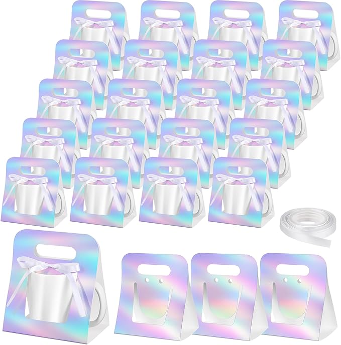 Motipuns 24 Pack Mug Boxes for Gifts 11 oz Coffee Mug Gift Boxes with 1 Roll Ribbon Sublimation Cups Packaging Bags for Sublimation Coffee Cups Blanks Wrapping(Laser Color)