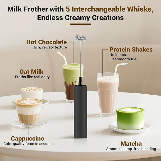 Milk Frother Handheld Rechargeable - 2-Speed Electric Whisk with 5 Detachable Heads (Frother/Mixer/Whisk) for Coffee, Latte, Cappuccino & Matcha, Drink Mixer (Black)
