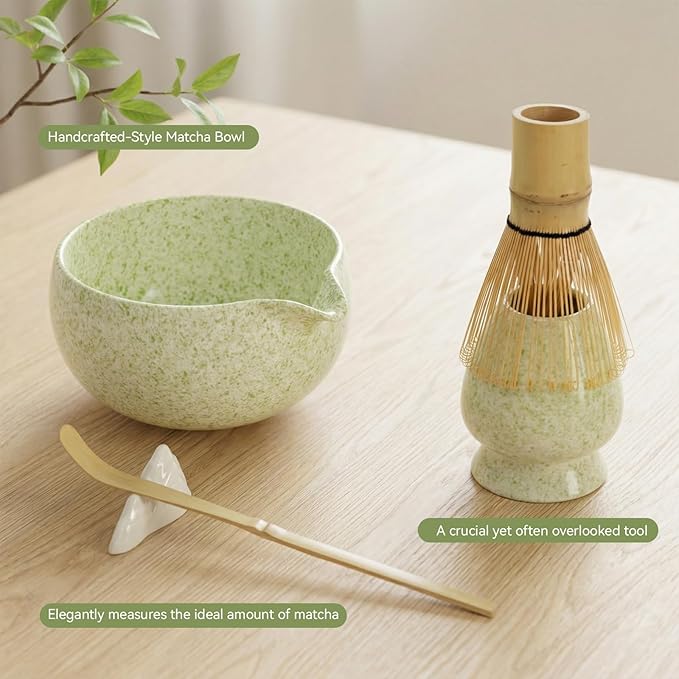 Japanese Matcha Tea Ceremony Set - 7 Piece Complete Matcha Whisk Set with Ceramic Bowl, Bamboo Whisk (Chasen), Sifter & Accessories - Green
