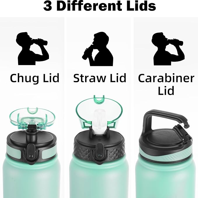 Oldley Insulated Water Bottle 32oz Water Bottles with Straw, Stainless Steel Water Bottle with 3 Lids, Double Wall Vacuum Bottles for Adults, Leak-proof Sports Bottles for School Travel,Green-Pink