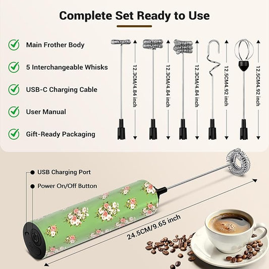 Milk Frother Handheld Rechargeable - 2-Speed Electric Whisk with 5 Detachable Heads (Frother/Mixer/Whisk) for Coffee, Latte, Cappuccino & Matcha, Drink Mixer (Flower 9)