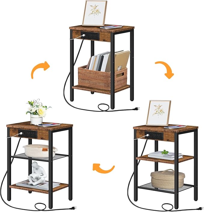 HOOBRO Side Tables Set of 2 with Charging Station and USB Port, Small End Tables for Small Space, 3-Tier Nightstands with Adjustable Shelf, for Living Room, Bedroom, Rustic Brown BF112BZP201