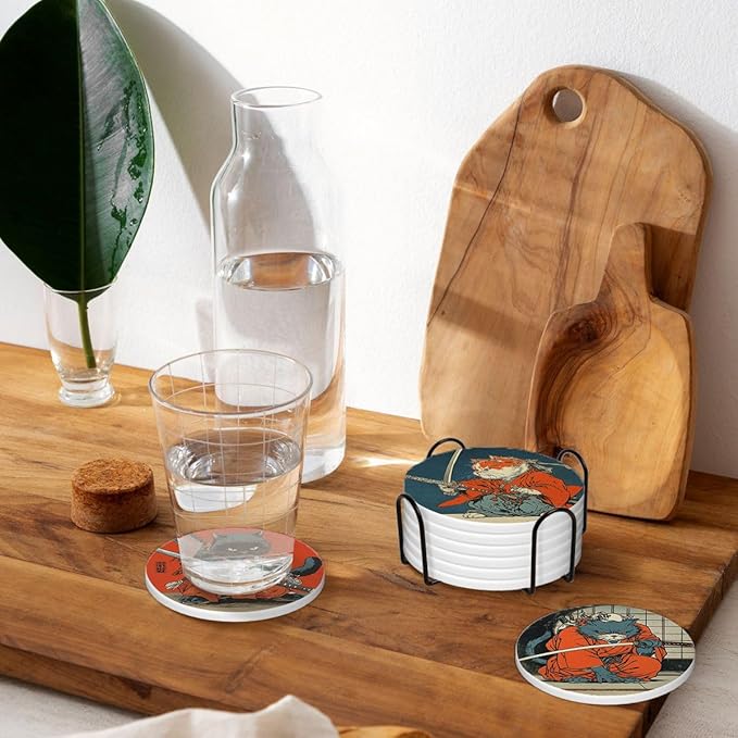 LOKMU Coasters for Drinks, Round Absorbent Ceramic Stone Coaster Sets of 6 with Metal Holder Stand, Japanese Cat Coasters with Cork Base for Coffee Wooden Table, Housewarming Gifts