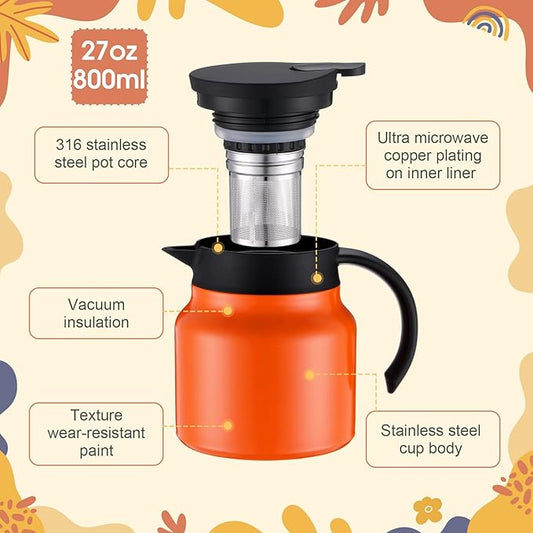 2 Pcs Thermal Coffee Carafe for Keeping Hot/Cold Stainless Steel Small Coffee Creamer Container Double Wall Vacuum Insulated Tea pot Beverage Dispenser for Milk Hot Chocolates (Orange,27 oz)
