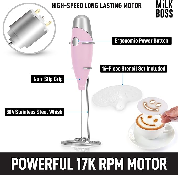 Milk Boss Mighty Milk Frother Handheld Whisk Mixer - Coffee Frother Electric Handheld Foam Maker & Frother For Coffee - Portable Electric Whisk With 16-Piece Stencils For Lattes, Matcha & More (Pink)