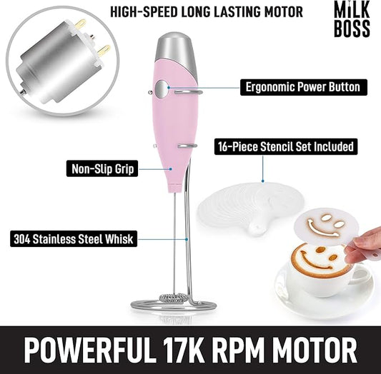 Milk Boss Mighty Milk Frother Handheld Whisk Mixer - Coffee Frother Electric Handheld Foam Maker & Frother For Coffee - Portable Electric Whisk With 16-Piece Stencils For Lattes, Matcha & More (Pink)