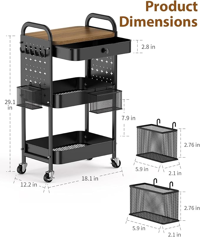 ALVOROG Rolling Cart with Drawer and Wood Table Top, 3 Tier Metal Rolling Utility Cart on Wheels with DIY Pegboards, Hanging Baskets, Hooks for Bedroom,Office,Craft Supplies (Black)
