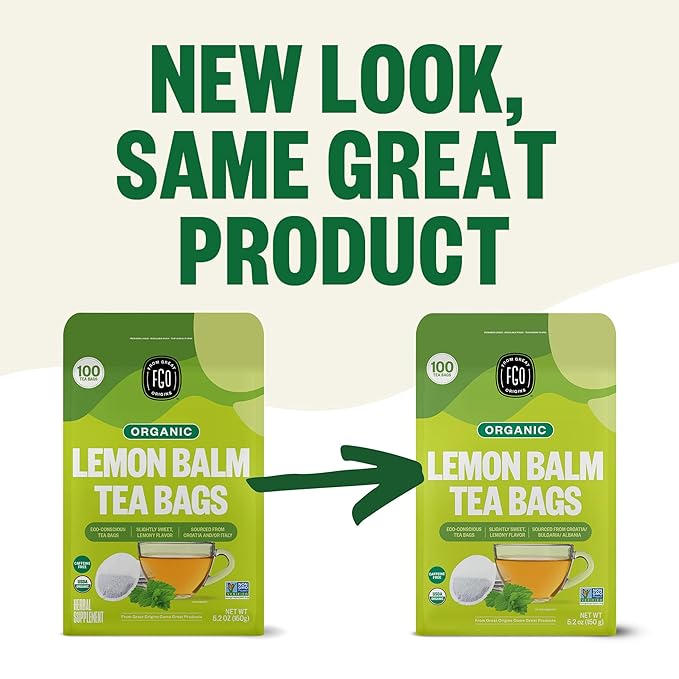 FGO Organic Lemon Balm Tea, 100 Count, Eco-Conscious Herbal Tea Bags, Resealable Bag, Caffeine Free, Packaging May Vary (Pack of 1)