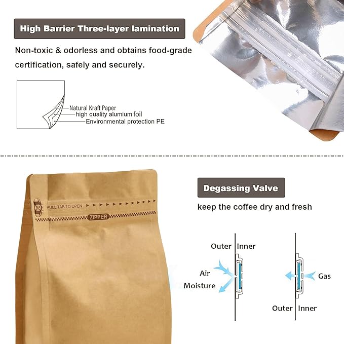 Pack of 50 Kraft Paper Coffee Bag with One-Way Degassing Valve, Stand-up Resealable Zipper Lock, High Barrier Side Gusset Coffee Package Bags, Size 4.33 x 3.15 x 11.8" for 16oz/1lb/500g