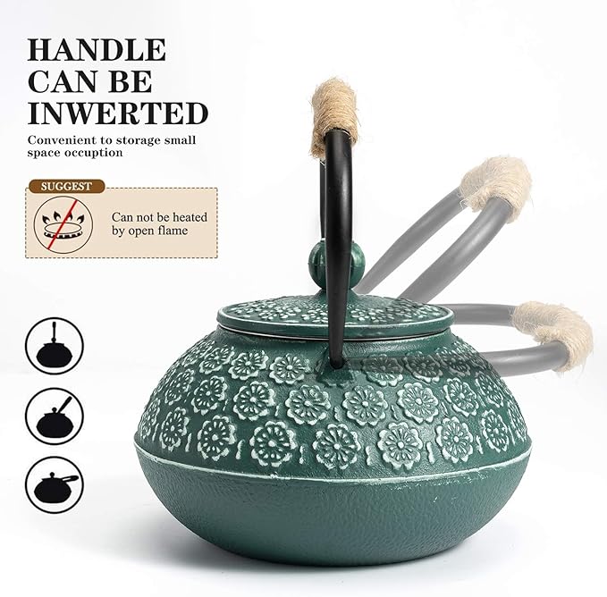 Sotya Cast Iron Teapot, 30oz/900ml Japanese Tetsubin Tea Pot with Infuser for Loose Leaf and Tea Bags, Tea Kettle Coated with Enameled Interior for Stove Top, Dark Green