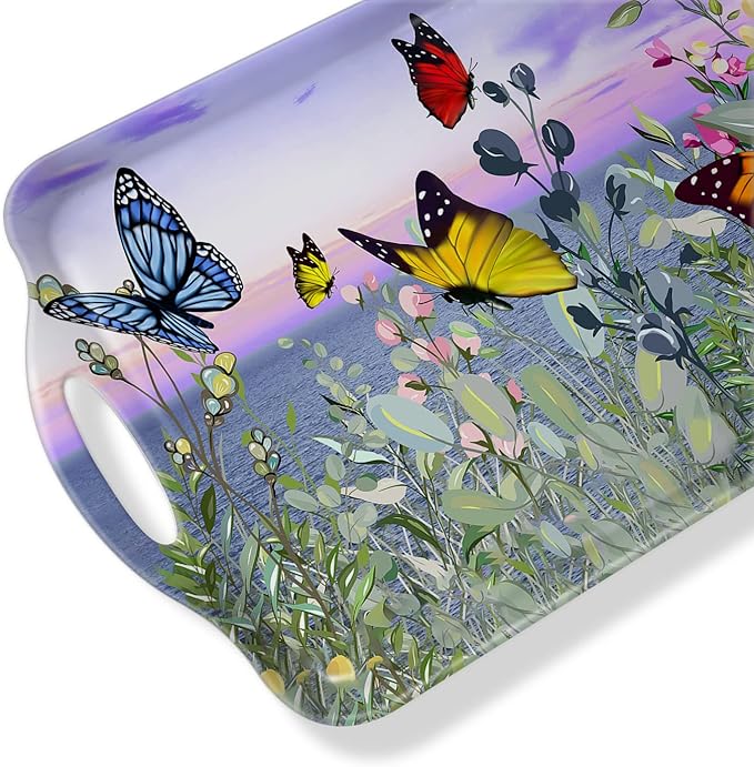 Serving Tray Decorative Tray with Handles Multi-Purpose Rectangular Serving Trays for Restaurant, Parties, Coffee Table, Kitchen - Butterfly Flying Flower