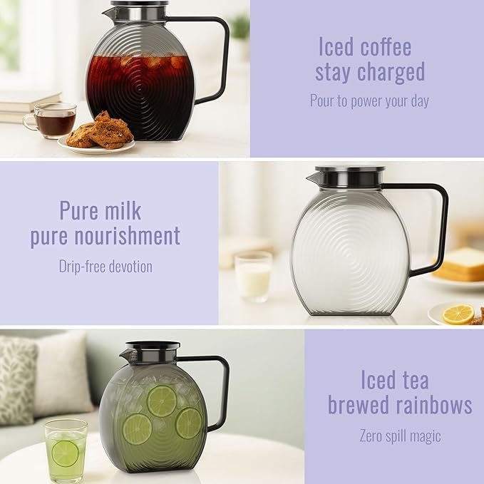 Glass Pitcher With Lid, 2.3 Liter 78 oz Glass Water Pitchers, 0.6 Gallon glass Pitcher With handle and Lids for Fridge, Carafe Jug Jar For Hot/Cold Water Tea Iced Juice Coffee Milk Beverage