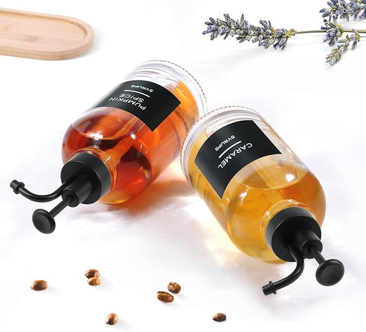 Coffee Syrup Dispenser for Coffee Bar, Set of 2 Simple Glass Syrup Bottle w. Pump and Labels, 16.9 oz 500ml Syrup Pump Dispenser, Syrup Dispenser Black